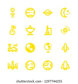 16 satellite icons with global planetary sphere with continent and spacecraft in this set