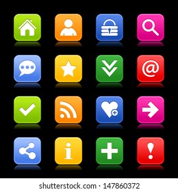 16 satin icon with basic sign set. Rounded square web internet button with color reflection. Green, orange, blue, yellow, red shapes on black background. Vector illustration design element 8 eps