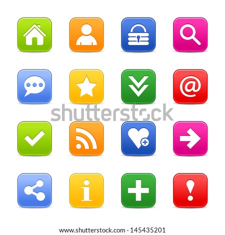 16 satin icon with basic sign. Rounded square web internet button with gray shadow. Green, orange, blue, yellow, red color on white background. Vector illustration design element 8 eps