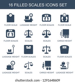 16 scales icons. Trendy scales icons white background. Included filled icons such as floor scale, luggage weight, floor scales, cargo height, lugagge weight. icon for web and mobile.