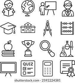 16 school education icon set. Vector line, editable stroke.