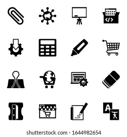 16 school filled icons set isolated on white background. Icons set with Paperclip, Global education, Board stand, Online tutorial, Calculator, Marker, Binder clip, eLearning icons.