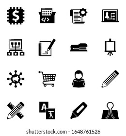 16 school filled icons set isolated on white background. Icons set with Blended Learning, Game-based Learning, Self-learning, Online coaching, Sketching, Stapler, Global education icons.