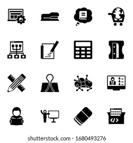 16 school filled icons set isolated on white background. Icons set with Interactive Course, Stapler, Knowledge, Online coaching, Sketching, Calculator, Pencil & ruler, Binder clip icons.