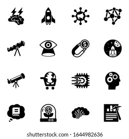 16 naturwissenschaftliche Symbole einzeln auf weißem Hintergrund. Symbole mit Gehirnsturm, Raumschiff, Globale Bildung, Teleskop, Vision, Attraktion, Astronomie, E-Learning, Neuralnetzsymbole.