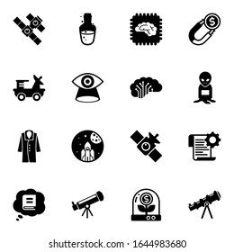 16 naturwissenschaftliche Symbole einzeln auf weißem Hintergrund. Symbole mit Raumstation, Manatränke, Künstliche Intelligenz, Mondrover, Vision, AI-Architektur, Fellsymbole.