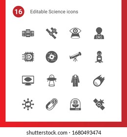 16 science filled icons set isolated on . Icons set with Big data, space station, Vision, Machine learning, galaxy, Astronomy, Computer Vision, ufo, coat, Global education icons.