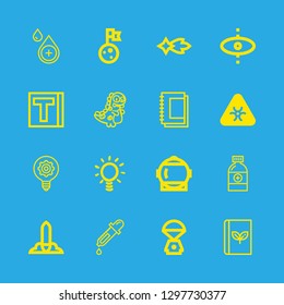 16 science icons with space capsule and light bulb in this set