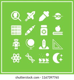16 science vector icon set with atom, server, medicine and rocket ship icons for mobile and web