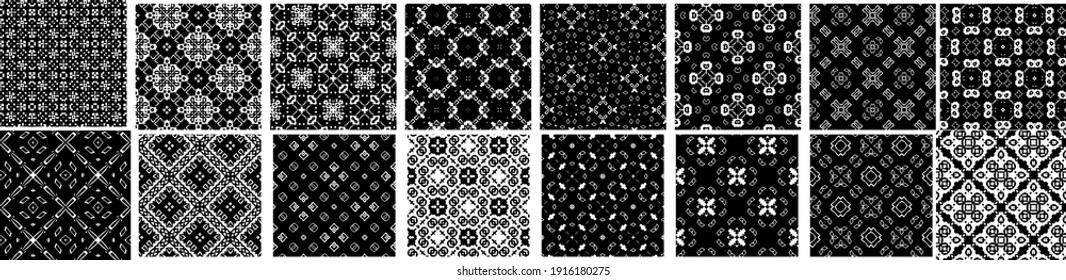  16 seamless abstract geometric patterns and designs in black and white color, monochrome. Endless texture can be used for Wallpaper, pattern fills the background of your web page, surface textures.