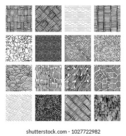16 Seamless pattern of ink hand drawn grunge texture. Linear hatching, crosshatchin, stippling, scumbling and others. Vector illustration.