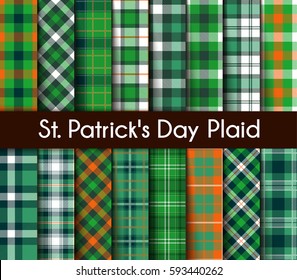 16 Seamless Patterns Green St. Patrick's Day Plaid. Tartan Flannel Shirt Patterns. Trendy Tiles Vector Illustration for Wallpapers.