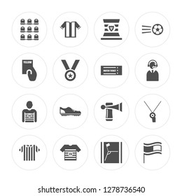 16 Seats, Soccer jersey, Referee Whistle, Flag, card, player, Ticket modern icons on round shapes, vector illustration, eps10, trendy icon set.