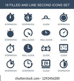 16 second icons. Trendy second icons white background. Included filled and line icons such as stopwatch, clock, wall clock. second icon for web and mobile.