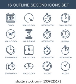 16 second icons. Trendy second icons white background. Included outline icons such as clock, wall clock, stopwatch, hourglass, sundial. second icon for web and mobile.
