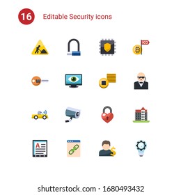 16 Sicherheitsflache Symbole einzeln auf . Die mit Bauwerken eingerichteten Symbole, Fahrradschloss, Kryptographie, Schlagwort, Computervision, Token, Autonome, Sicherheitskamera, Herzschloss-Symbole.