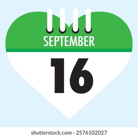 16 September calendar icon green heart shape on light sky blue color background, calendar vector symbol for the month of September.