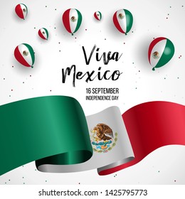 16 September, Mexico Happy Independence Day greeting card. Waving mexican flags and balloons isolated on white background. Patriotic Symbolic background Vector illustration.