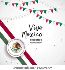 16 September, Mexico Happy Independence Day greeting card. Waving mexican flags and balloons isolated on white background. Patriotic Symbolic background Vector illustration.