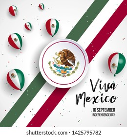 16 September, Mexico Happy Independence Day greeting card. Waving mexican flags and balloons isolated on white background. Patriotic Symbolic background Vector illustration.