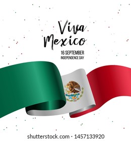 16 September, Mexico Happy Independence Day greeting card. Waving mexican flags and balloons isolated on white background. Patriotic Symbolic background Vector illustration.