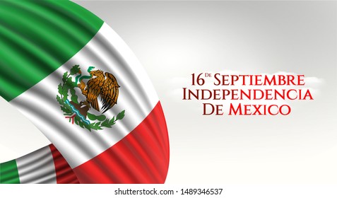 16 September, Mexico Happy Independence Day greeting card. Waving mexican flags isolated on white background. Patriotic Symbolic background Vector illustration