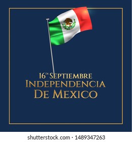 16 September, Mexico Happy Independence Day greeting card. Waving mexican flags isolated on dark background. Patriotic Symbolic background Vector illustration