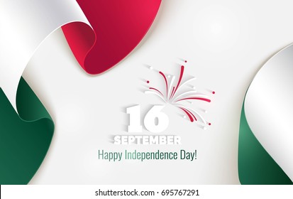 16 September, Mexico Happy Independence Day greeting card. Waving mexican flags isolated on white background. Patriotic Symbolic background  Vector illustration