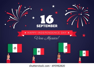 16 September. Mexico Happy Independence Day greeting card. Celebration background with fireworks, mexican flags and text. Vector illustration