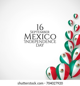 16 September, Mexico Happy Independence Day greeting card. Waving mexican flags and balloons isolated on white background. Patriotic Symbolic background Vector illustration.