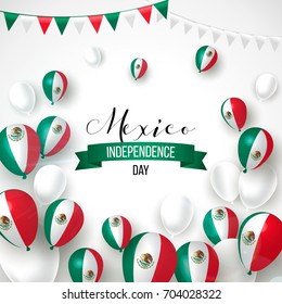 16 September, Mexico Happy Independence Day greeting card. Waving mexican flags and balloons isolated on white background. Patriotic Symbolic background Vector illustration.