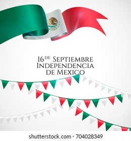 16 September, Mexico Happy Independence Day greeting card. Waving mexican flags and balloons isolated on white background. Patriotic Symbolic background Vector illustration.