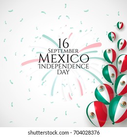 16 September, Mexico Happy Independence Day greeting card. Waving mexican flags and balloons isolated on white background. Patriotic Symbolic background Vector illustration.