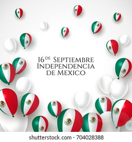 16 September, Mexico Happy Independence Day greeting card. Waving mexican flags and balloons isolated on white background. Patriotic Symbolic background Vector illustration.