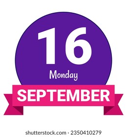 16 September, Monday. Date template. Useful design for calendar or event promotion. Vector illustration EPS 10 File. Isolated on white background. 