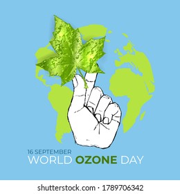 16 September World ozone day concept banner, poster, flyer. Green maple realistic leaf in hand sketch on globe Earth and blue background. Vector illustration