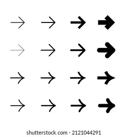 16 set of black arrow icon editable vector graphic. Different arrowhead and line stroke. Icons object collection suitable for showing direction, path, and web print symbol pointer cursor. 