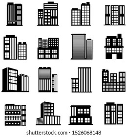 16 set of black building symbol, building icon collection 