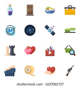 16 set flat icons set isolated on white background. Icons set with mana potion, door, Salad, AI Pattern, constellation, satellite, Strategy game, love, toolbox, Stapler icons.
