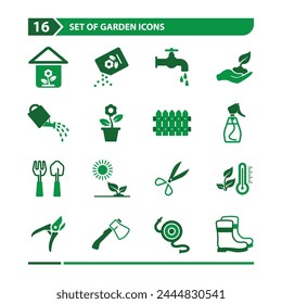 16 set of garden icons for web images assets in green color. 
