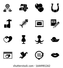 16 shape filled icons set isolated on white background. Icons set with Algorithm, Followers, love, Handicraft, fish bone, Online library, sewing mannequin, horseshoe, Stationery icons.
