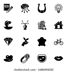 16 shape filled icons set isolated on white background. Icons set with Stationery, Deep learning, horseshoe, Seafood, Vector, Business Company, diamond, Gardening, Idea icons.