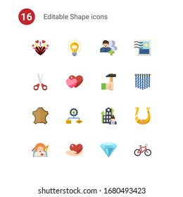 16 shape flat icons set isolated on . Icons set with firework, Idea, Followers, Scissors, love, Handicraft, leather, Algorithm, Business Company, cupid angel, caring, diamond icons.