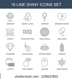 16 shiny icons. Trendy shiny icons white background. Included line icons such as mirror, heart lock, broken heart, court, push button, disco ball. shiny icon for web and mobile.