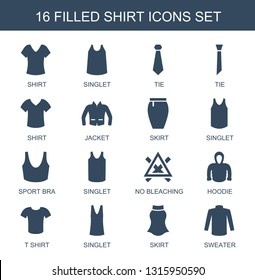 16 shirt icons. Trendy shirt icons white background. Included filled icons such as singlet, tie, jacket, skirt, sport bra, no bleaching, hoodie. shirt icon for web and mobile.