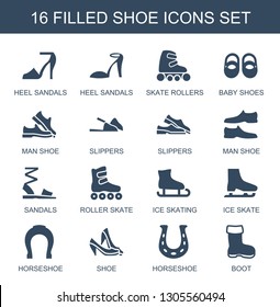 16 shoe icons. Trendy shoe icons white background. Included filled icons such as heel sandals, skate rollers, baby shoes, man shoe, slippers, sandals. icon for web and mobile.