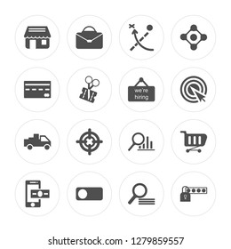16 Shop, Briefcase, On, Payment method, Shopping cart, Password, Cit card, Delivery truck, Hiring modern icons on round shapes, vector illustration, eps10, trendy icon set.