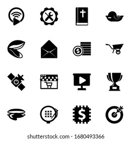 16 sign filled icons set isolated on white background. Icons set with Livestream, Repair service, Bible, mussel, Envelop, bet, satellite, Distance Learning, seafood, Wheelbarrow icons.