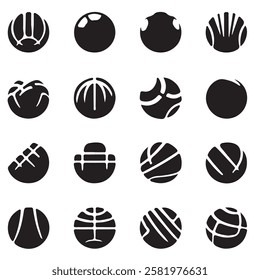 16 Silhouette Ball Icons In White Background .Vector Illustration. Ball Icon , Minimalist Icon , Vector .