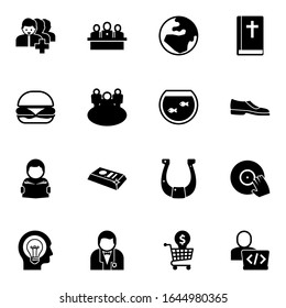16 silhouette filled icons set isolated on white background. Icons set with Followers, developers team, globe, burger, team, Aquarium, Reading, gold bar, Bible, Man shoes icons.